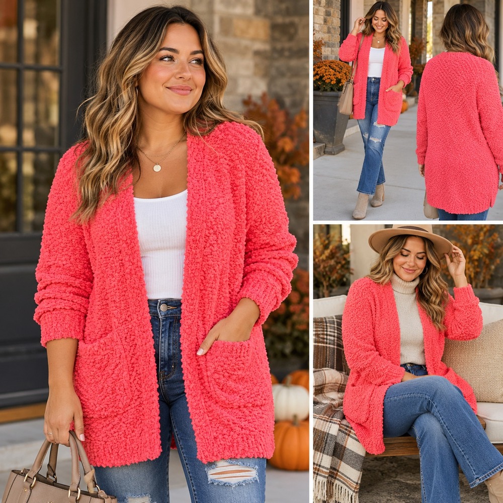 Zenana Popcorn Knit Cardigan Sweater Womens XL Bright Pink Oversized NWOT Pocket